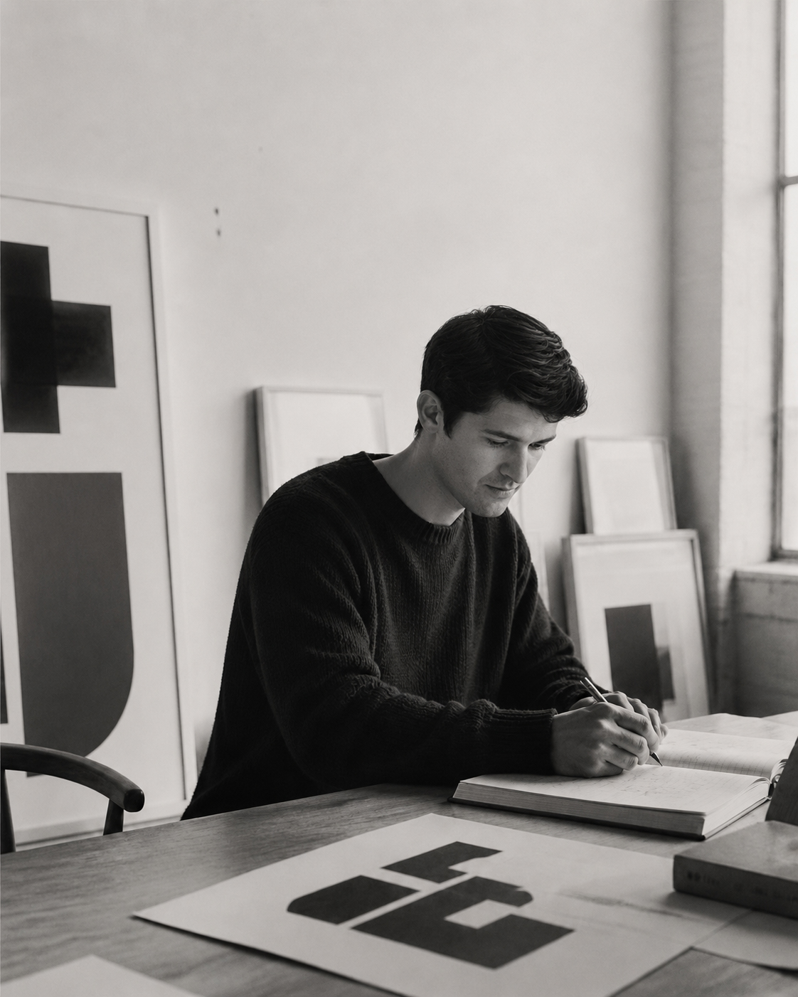 Nico Tjarks at work in the withdata.art studio, sketching new artwork ideas
